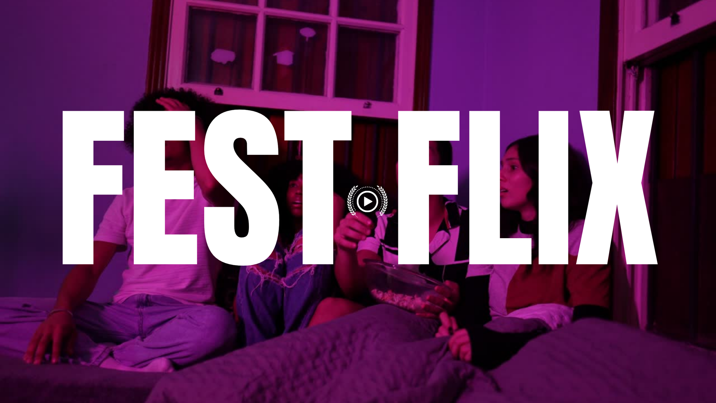 People sitting on a bed with a large overlay text that reads 'FESTIFIX' and a play button icon in the center.