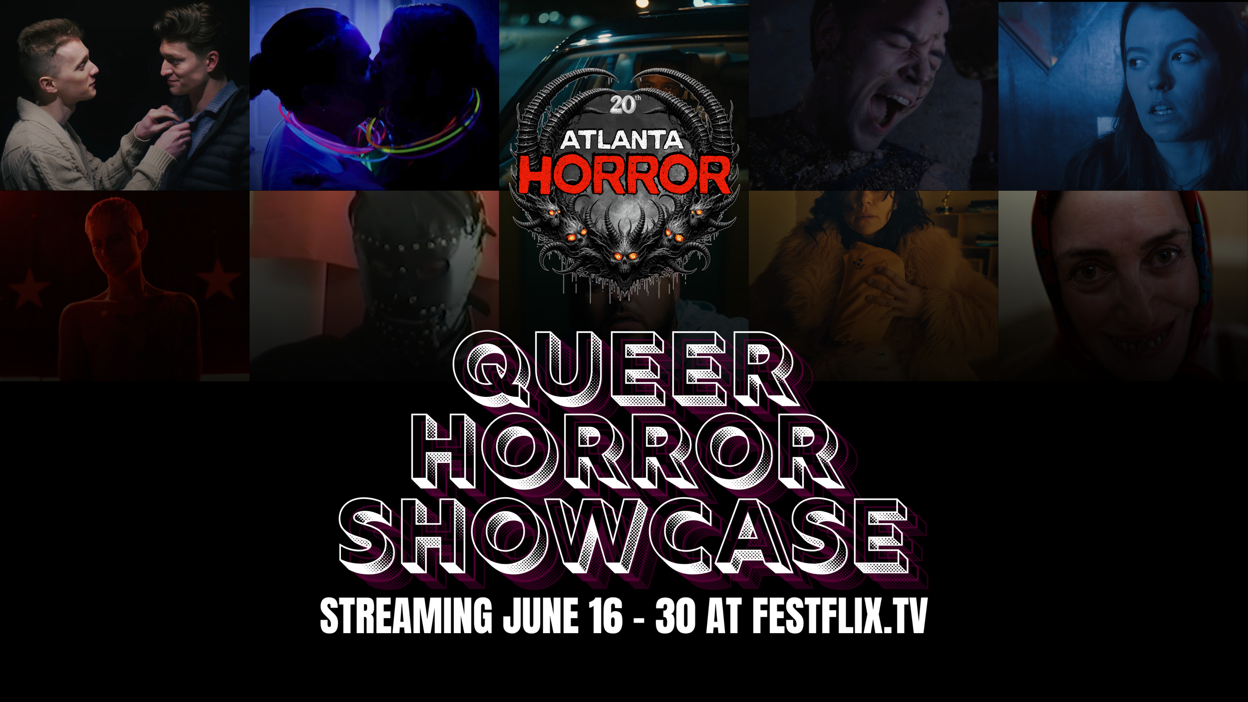 Collage of scenes from a horror show, including people in emotional distress, a person with glow sticks, a person in a mask, and a close-up of a woman with a surprised expression, with text overlay about the 'Queer Horror Showcase' streaming from June 16 to 30 on Festflix TV.
