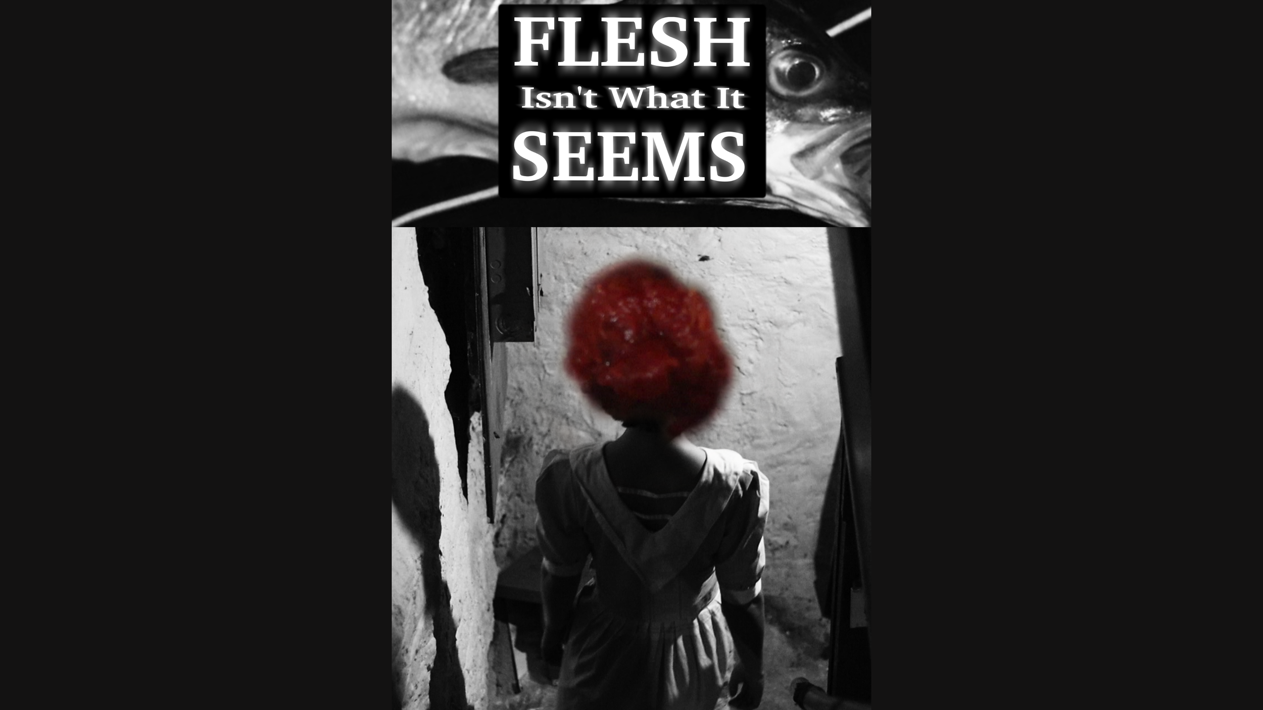 A black and white photo of a person walking down a narrow alley at night with a large, blurry red object covering their head, and a sign above them that reads 'FLESH Isn't What It Seems'.