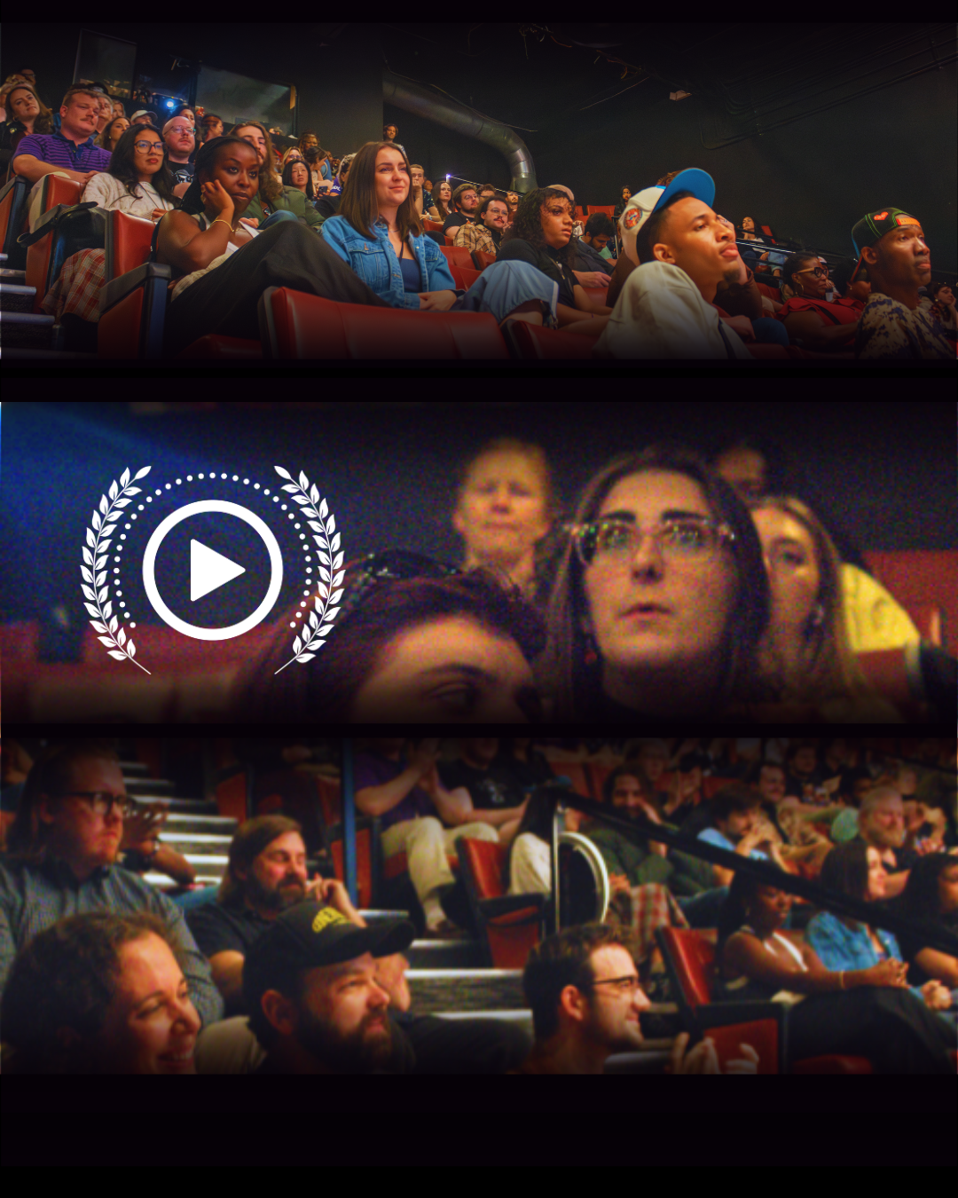 Audience watching a presentation or performance in a theater with three rows of seats filled with diverse people, some focused and some smiling.