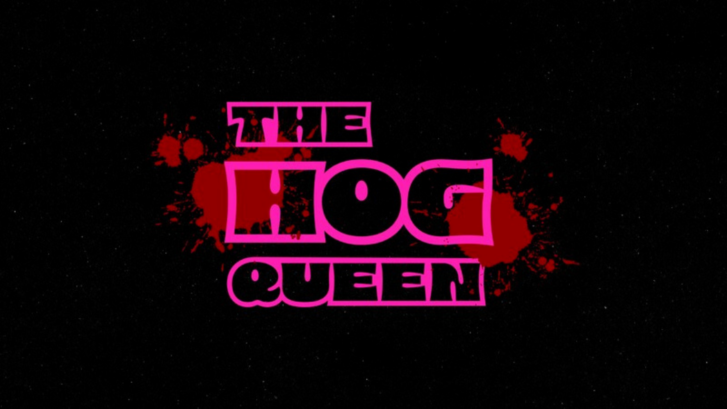 The words 'The Top Queen' written in pink neon style font, with red blood splatter behind the text against a black background.