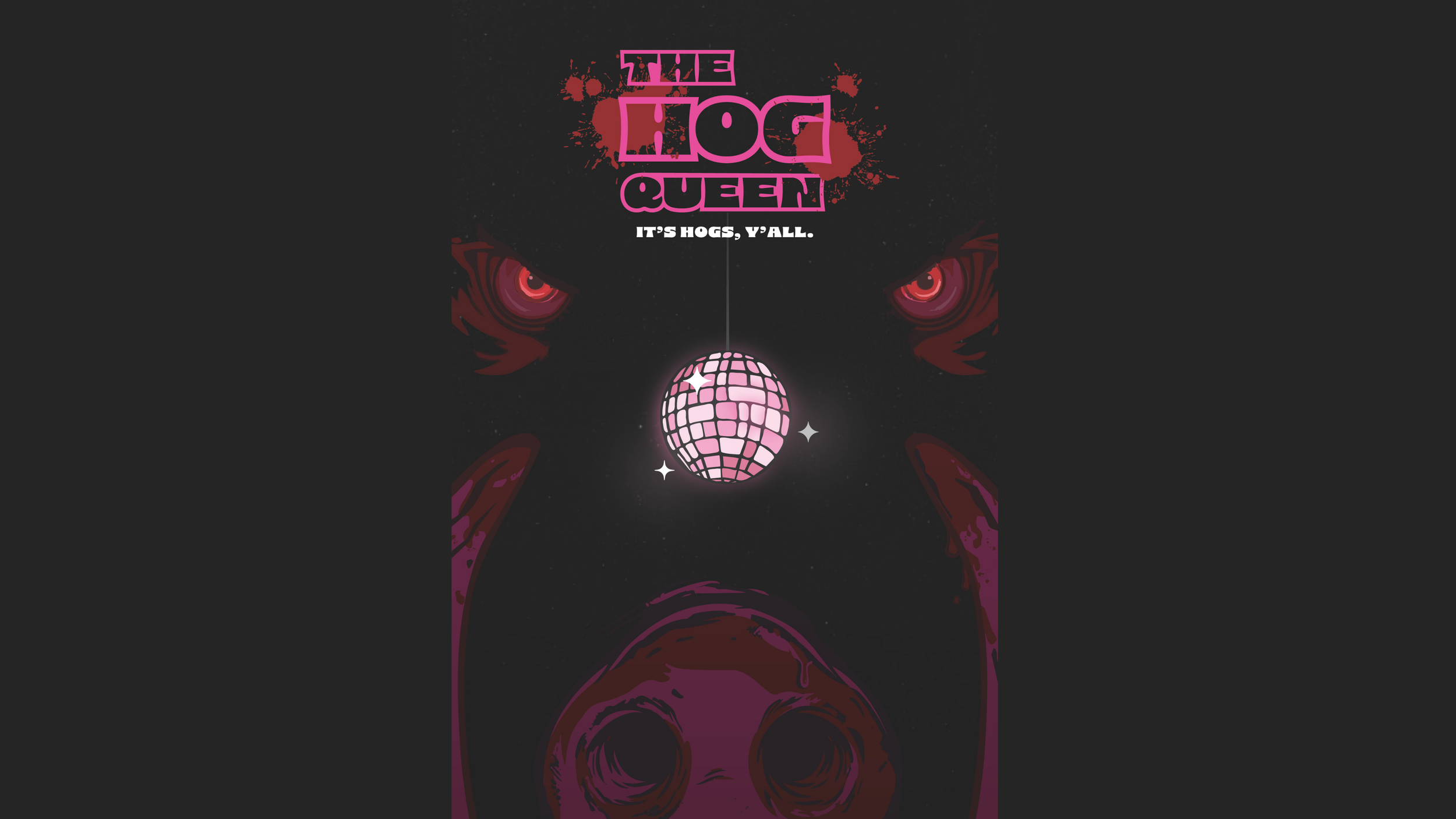 Digital illustration featuring the text 'The Deal Queen' in pink with splashes of red, a disco ball, and a stylized face with intense red eyes against a black background.