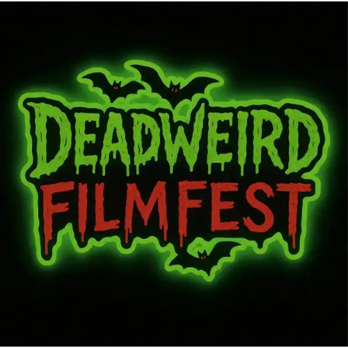 Logo for DeadWeird Film Fest with green text, red text, and bats on a black background.