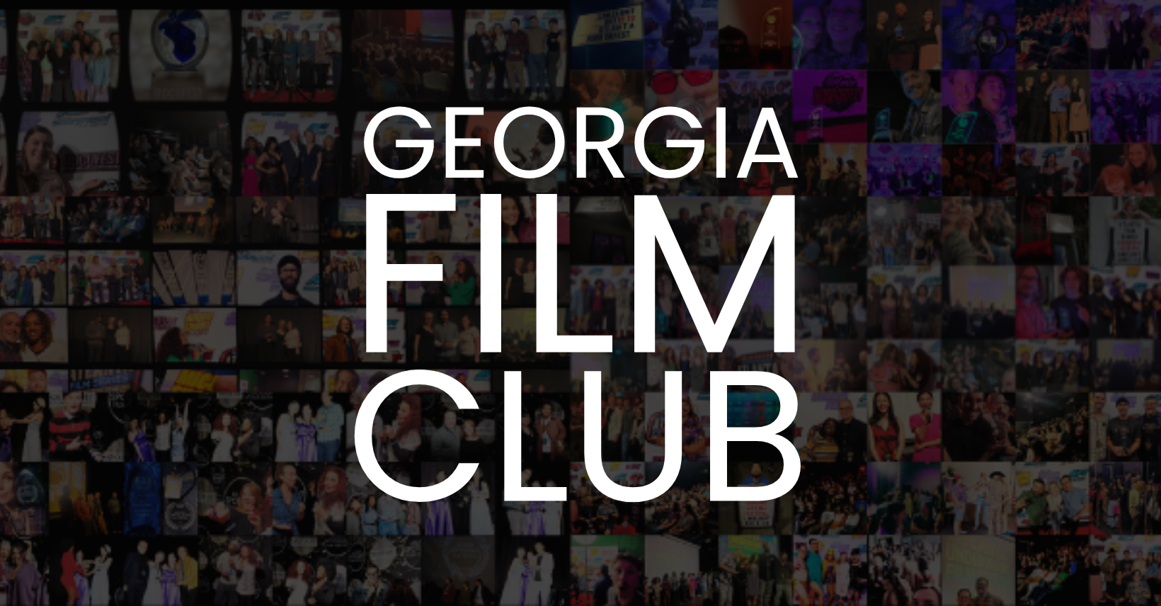 Background collage of various photos from Georgia Film Club showing people at events, film screenings, and gatherings, with large text overlay reading 'Georgia Film Club'.
