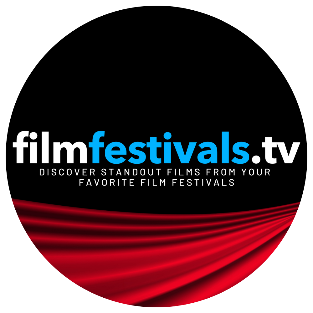 Logo for filmfestivals.tv with red curtains and text promoting discovery of standout films from film festivals.