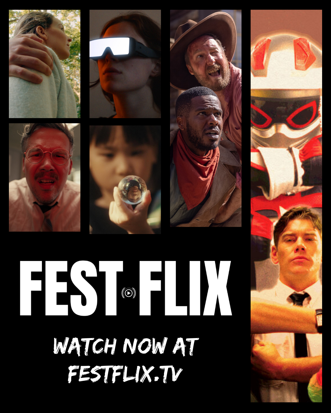 Collage of various characters from different movies, featuring a woman outdoors, a woman with 3D glasses, a man with a cowboy hat, a cartoon character, a man with glasses, a young woman holding a crystal ball, two men in action scenes, and a man with a serious expression, along with the text "FEST FLIX" and "WATCH NOW AT FESTFLIX.TV."
