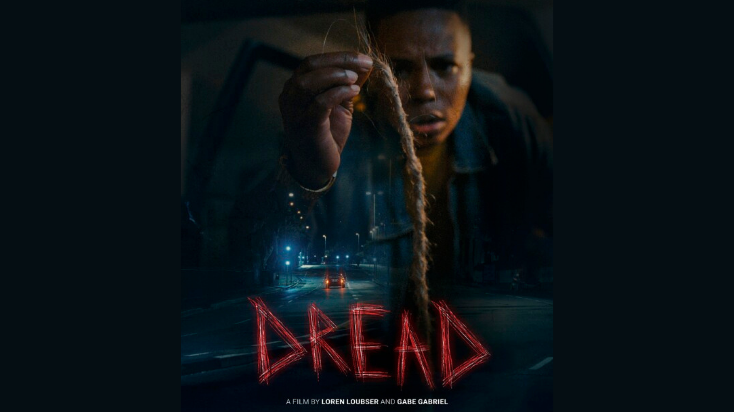 Night scene with a young woman with dreadlocks, glowing city lights, and neon red text reading 'NEAR' overlaid on the scene, along with film credits.