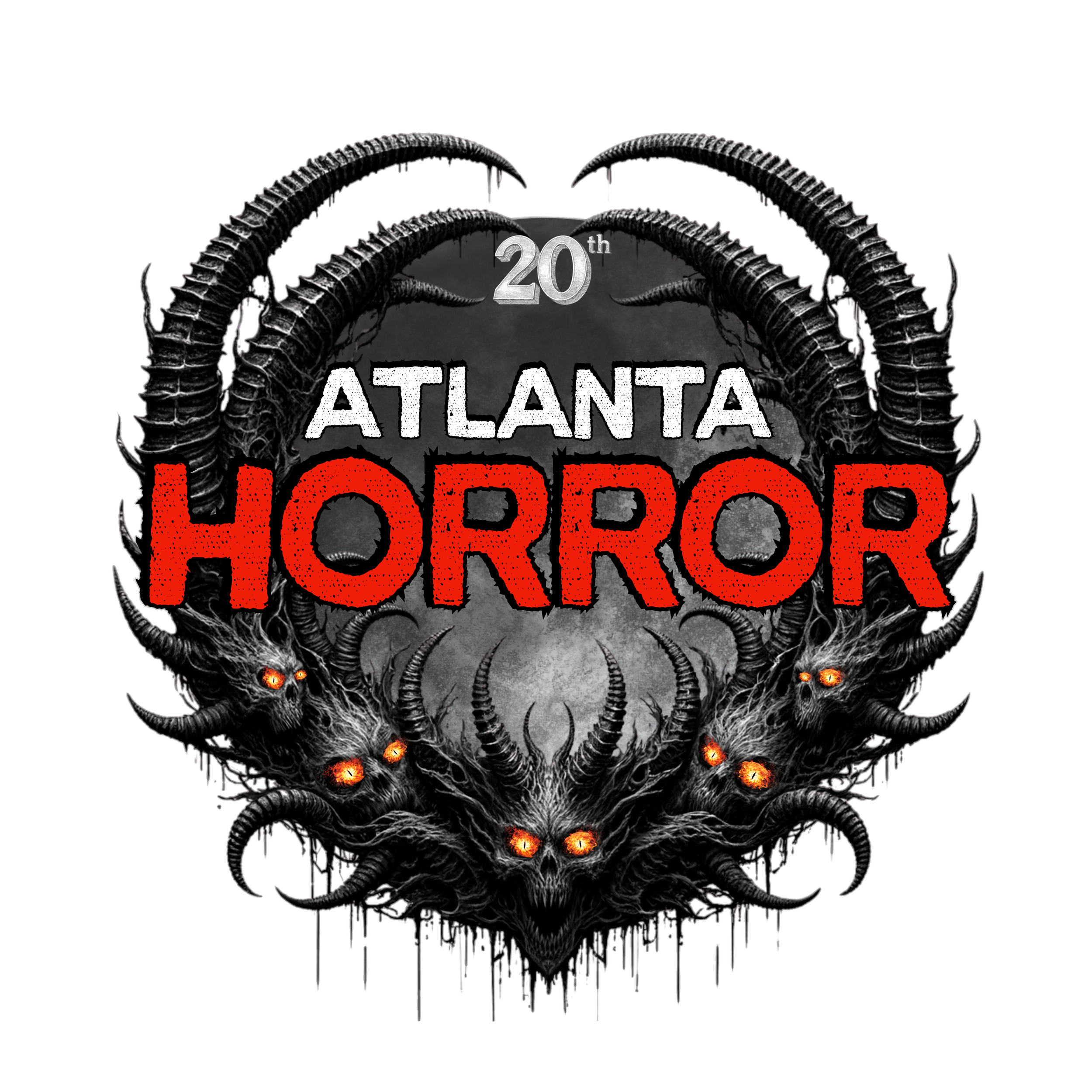 Dark graphic with ram horns, a skull with glowing orange eyes, and text reading '20th Atlanta Horror' in bold font.