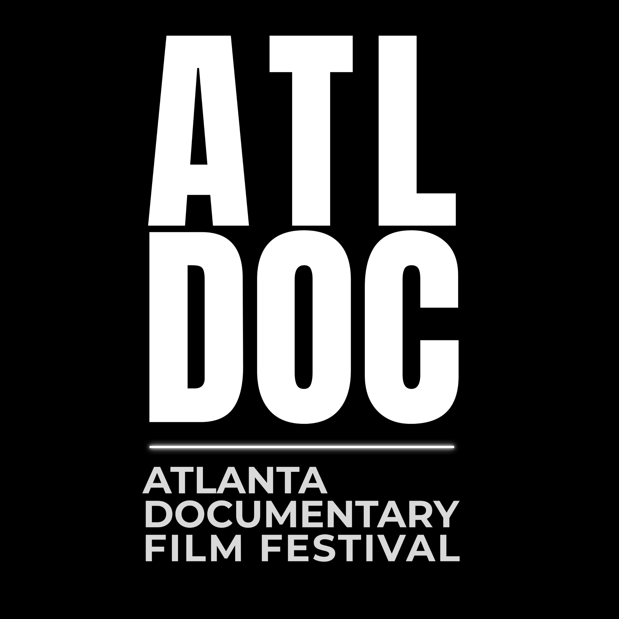 Black and white poster for the ATLANTA DOCUMENTARY FILM FESTIVAL featuring large bold white text that says "ATL" and "D," with the full name appearing underneath.