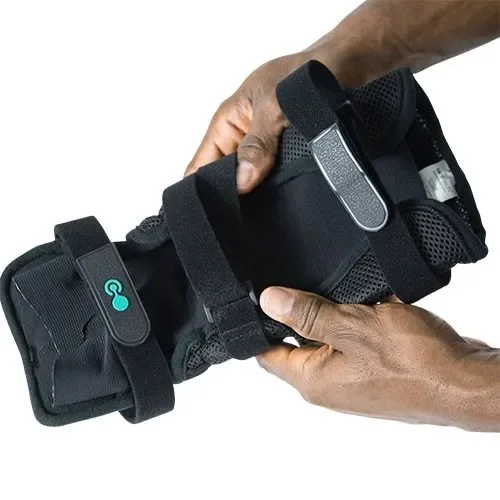 black ankle brace with straps and metallic support.