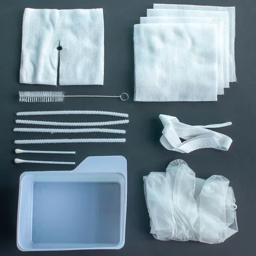 Medical supplies including gauze, bandages, tape, and gloves