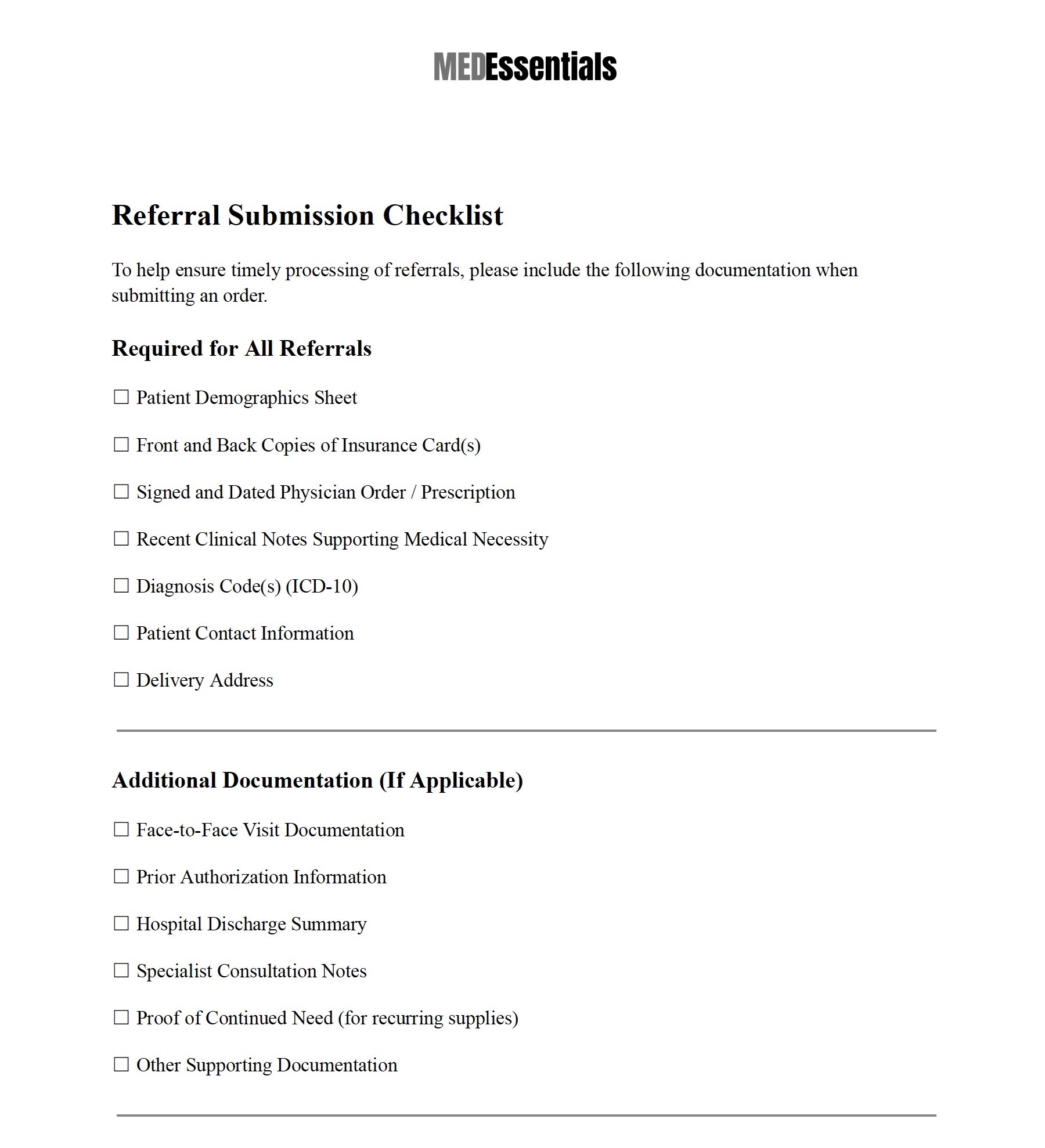 Medical documentation checklist titled 'Referral Submission Checklist' with a list of required documents including patient demographics, insurance copies, physician order, clinical notes, diagnosis codes, contact info, delivery address, and optional additional documents.