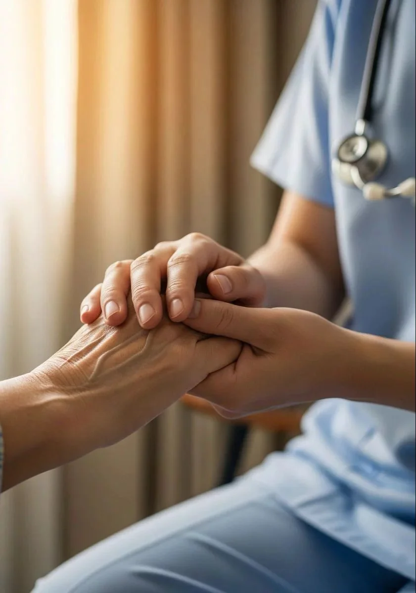 A healthcare professional, wearing scrubs and a stethoscope, holding and comforting a patient's hand.