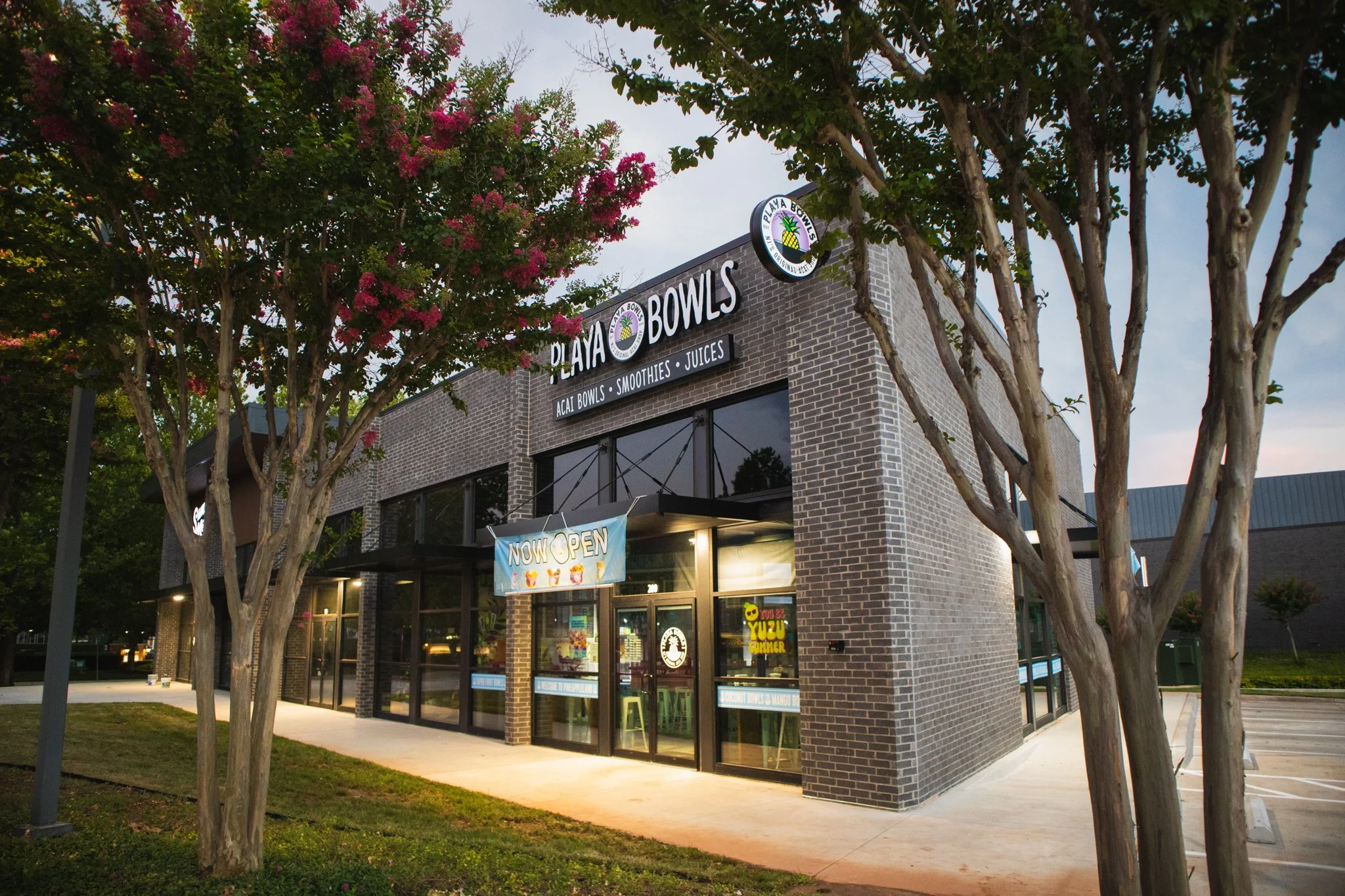 Exterior of a modern building with a sign reading "Playa Bowls" and additional signage for acai bowls, smoothies, and juices. The building has large windows and is surrounded by trees with pink blossoms. There is a “Now Open” banner hanging outside a