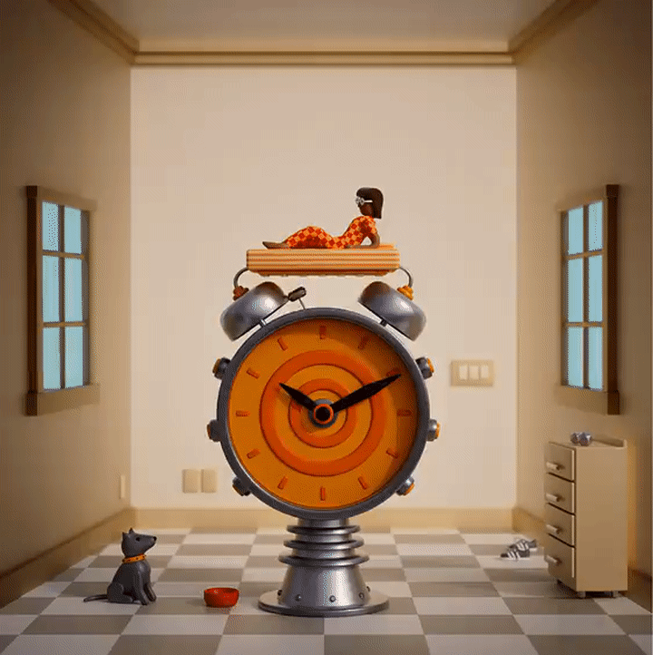 A toy scene showing a large vintage alarm clock with a girl figurine lying on top of it, wearing pajamas and a hat, with a black dog figurine and a small red dish on the floor in front. The room has checkered flooring, windows, and furniture visible.