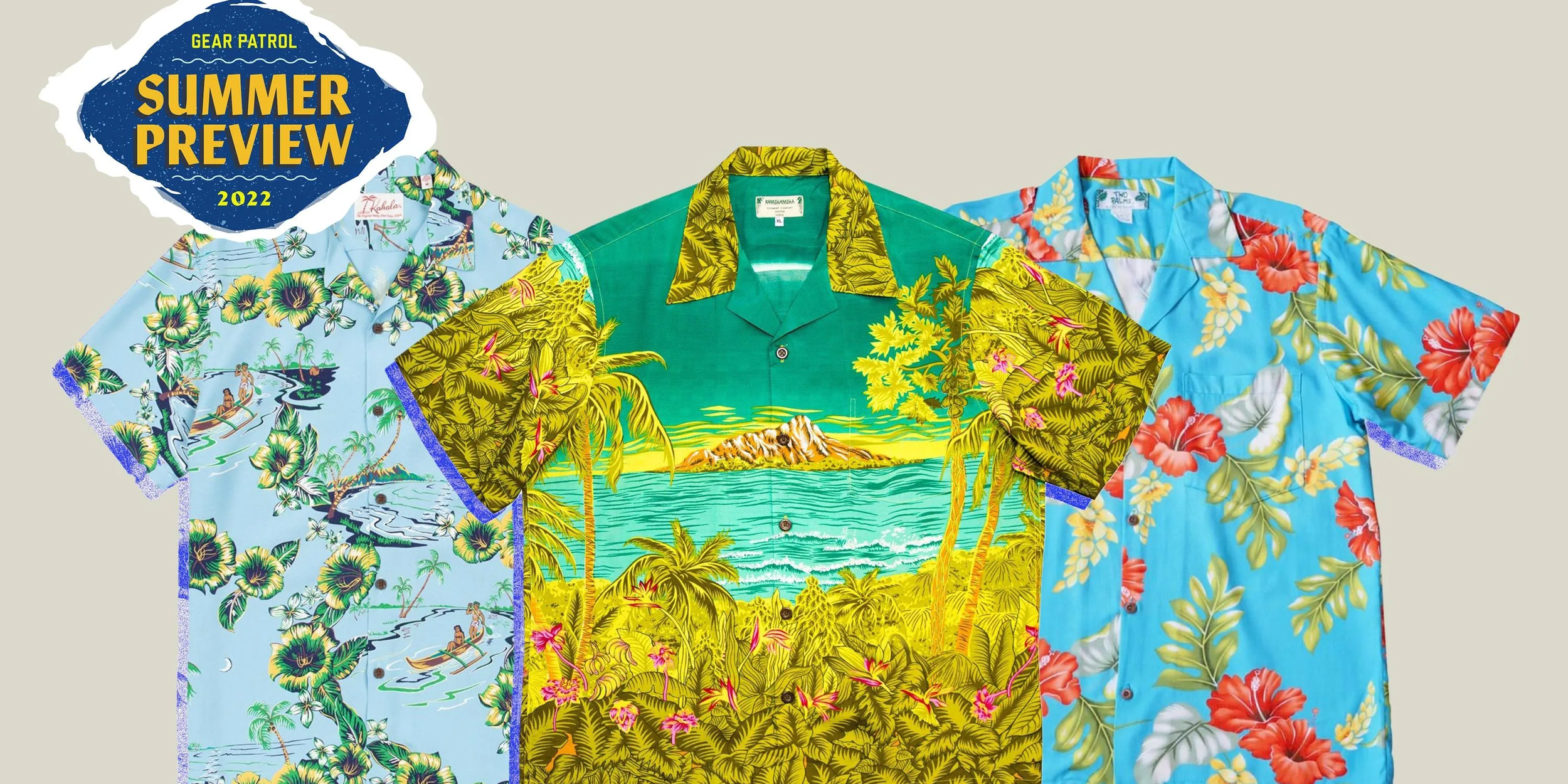Three colorful Hawaiian shirts with tropical and floral patterns hanging side by side. The top left corner features a promotional graphic for a summer preview event in 2022.
