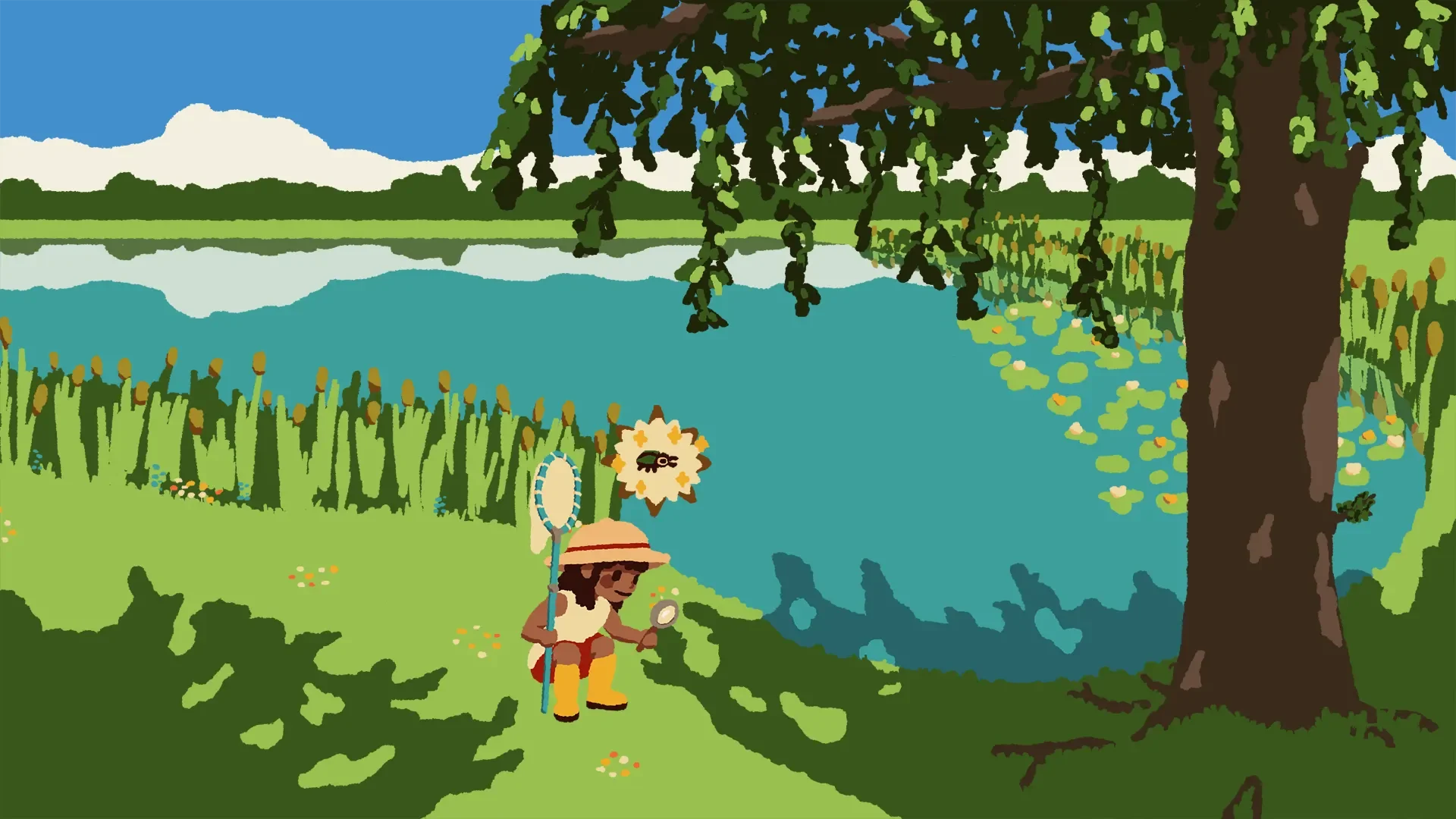 A colorful illustrated scene of a person dressed in Native American traditional attire, holding a dreamcatcher and spoon, standing near a lake surrounded by trees and flowering plants, with a clear blue sky in the background.
