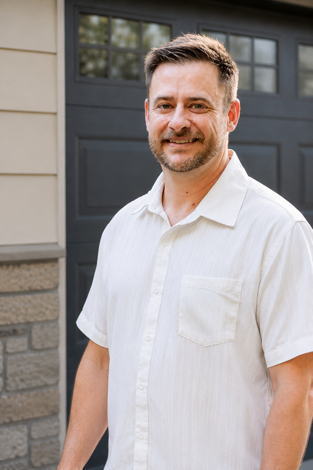 A man with short brown hair and a beard, smiling, wearing a white short-sleeved shirt, standing outside in front of a gray garage door and beige house siding.