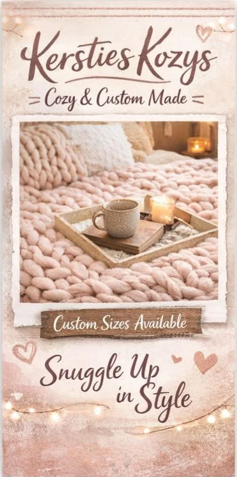 A cozy bedroom with a chunky pink knit blanket on the bed, a tray with a mug, books, and candles. The decor promotes custom-made, stylish cozy bedding.