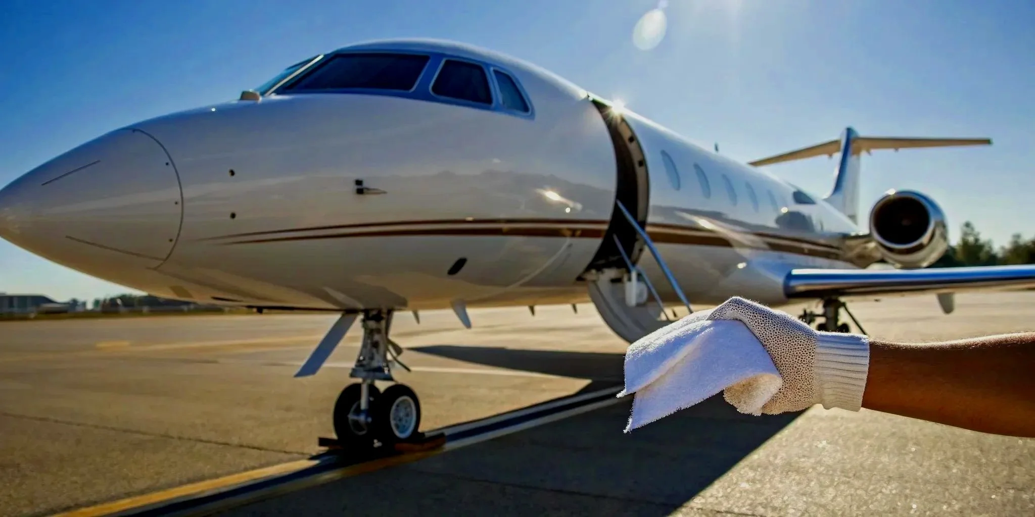 Close-up of a private jet on the tarmac with a gloved hand cleaning the nose of the aircraft using a microfiber cloth, clear blue sky in the background.