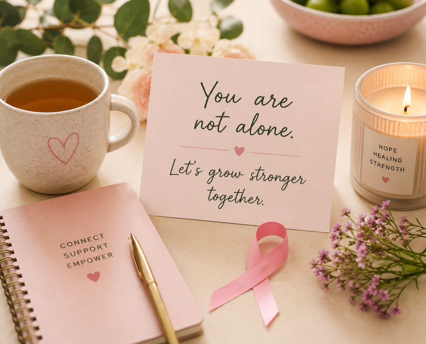 A pink thank you card with the message 'You are not alone. Let's grow stronger together.' surrounded by a cup of tea, pink flowers, a lit candle, a pink ribbon, a pink notebook with a gold pen, and green leaves on a light-colored surface.