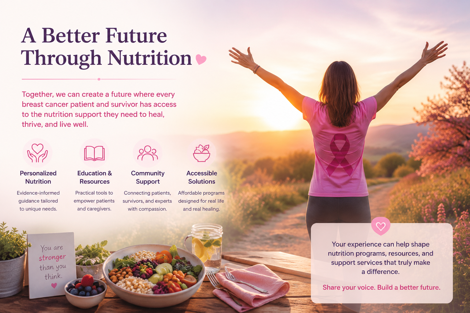 A woman in a pink shirt with a breast cancer awareness ribbon on her back, standing outdoors at sunrise or sunset with her arms raised, overlooking a scenic landscape with trees and mountains, alongside a table of healthy food and a sign that says "You are stronger than you think." the image promotes breast cancer awareness and nutrition support for survivors.