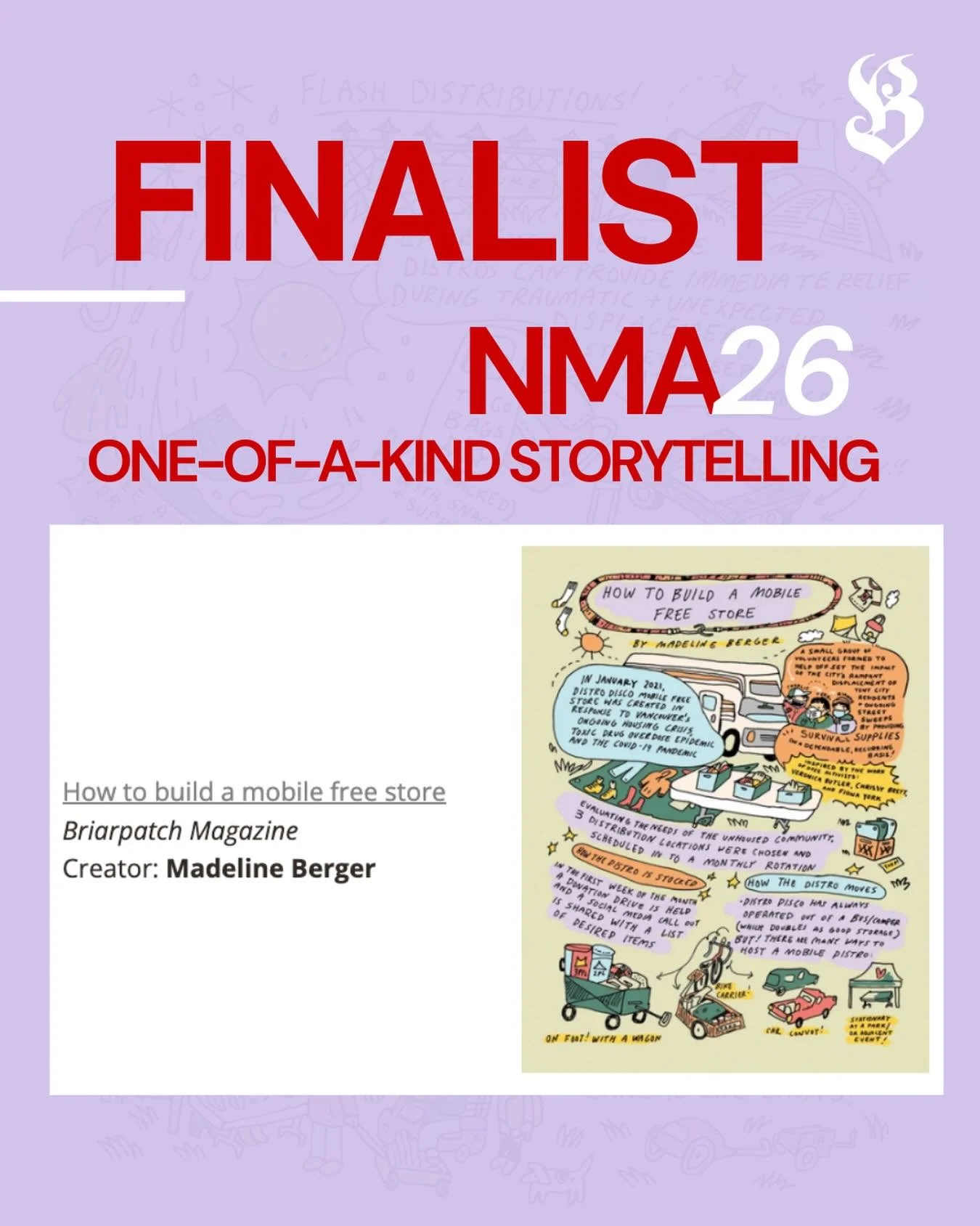 We are excited to share that Madeline Berger&rsquo;s piece &ldquo;How to build a mobile free store&rdquo; has been nominated for a National Magazine Award as a finalist for One-of-a-Kind Storytelling. 

BIG Congratulations to @fungalmatters for their