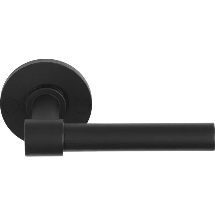 Black metal door holder with a circular mount and a straight arm
