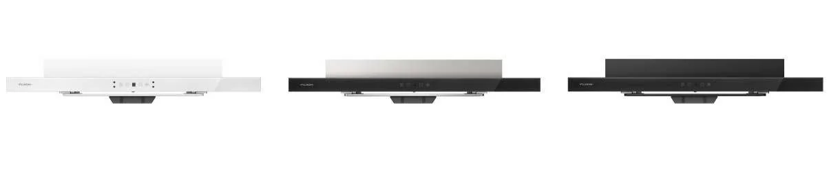 Three kitchen range hoods in white, black, and black with stainless steel accents