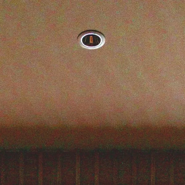 Ceiling with a single recessed light fixture.