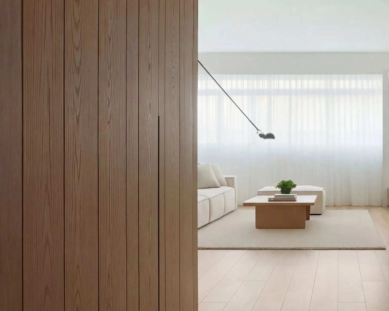View into a minimalist living room with a white sofa, a wooden coffee table with a green plant, and large windows with sheer white curtains, partially obscured by a wooden wall.