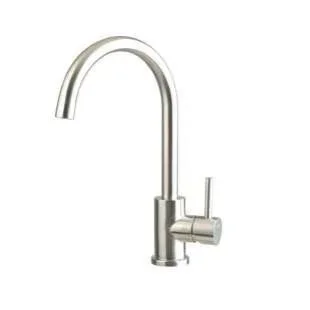 Modern kitchen faucet with a high-arc spout and single handle.