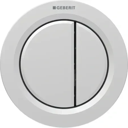 Close-up of a Geberit toilet flush button showing a circular dual-flush system
