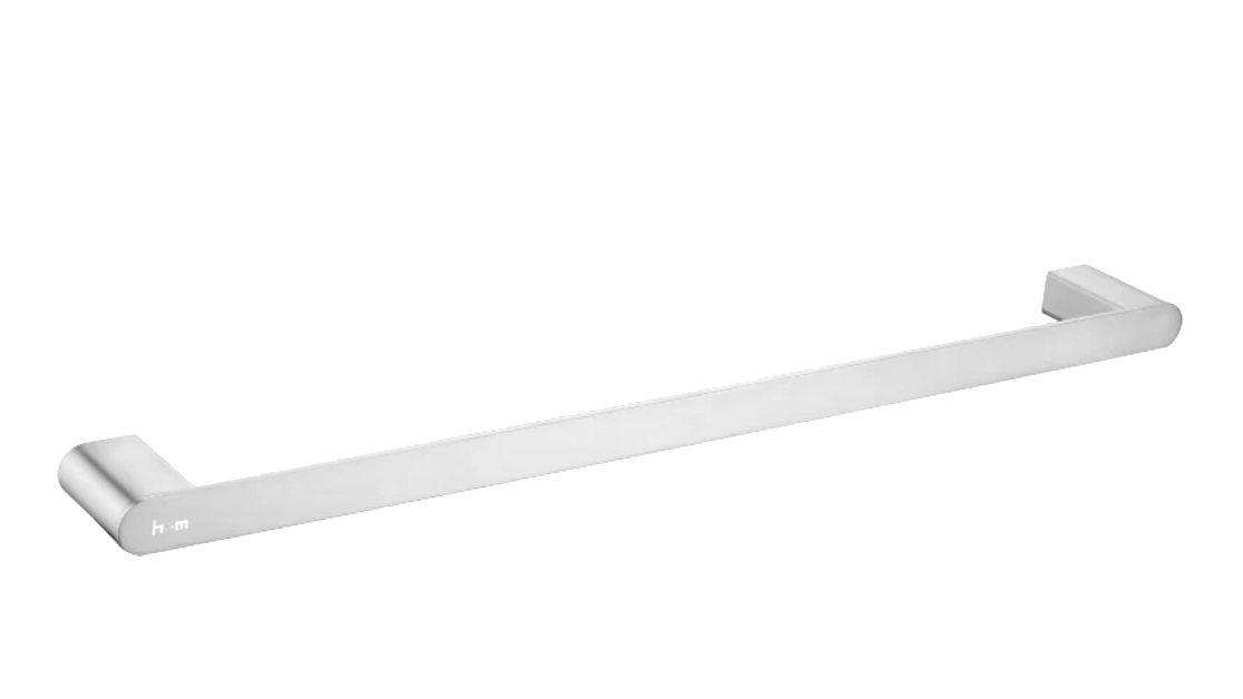 A silver towel bar mounted on a white wall.