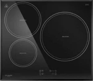 Black glass electric stove with four circular induction burners of varying sizes.