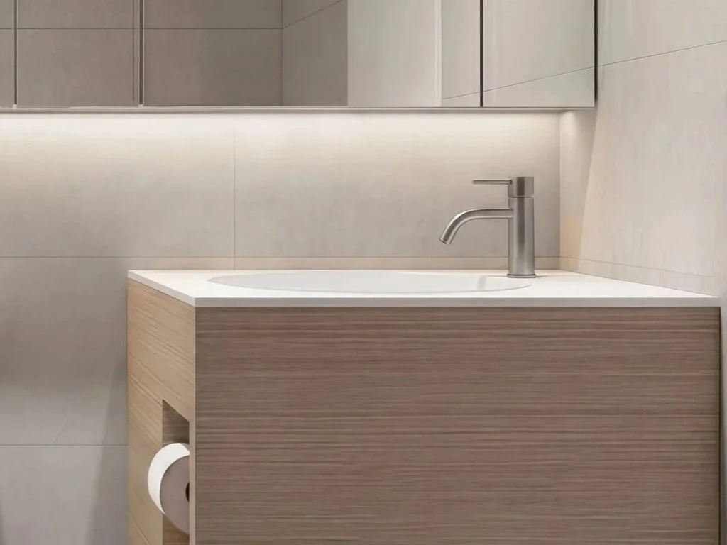 Modern bathroom sink with a wooden vanity, a silver faucet, a mirror above, and a toilet paper holder on the side.