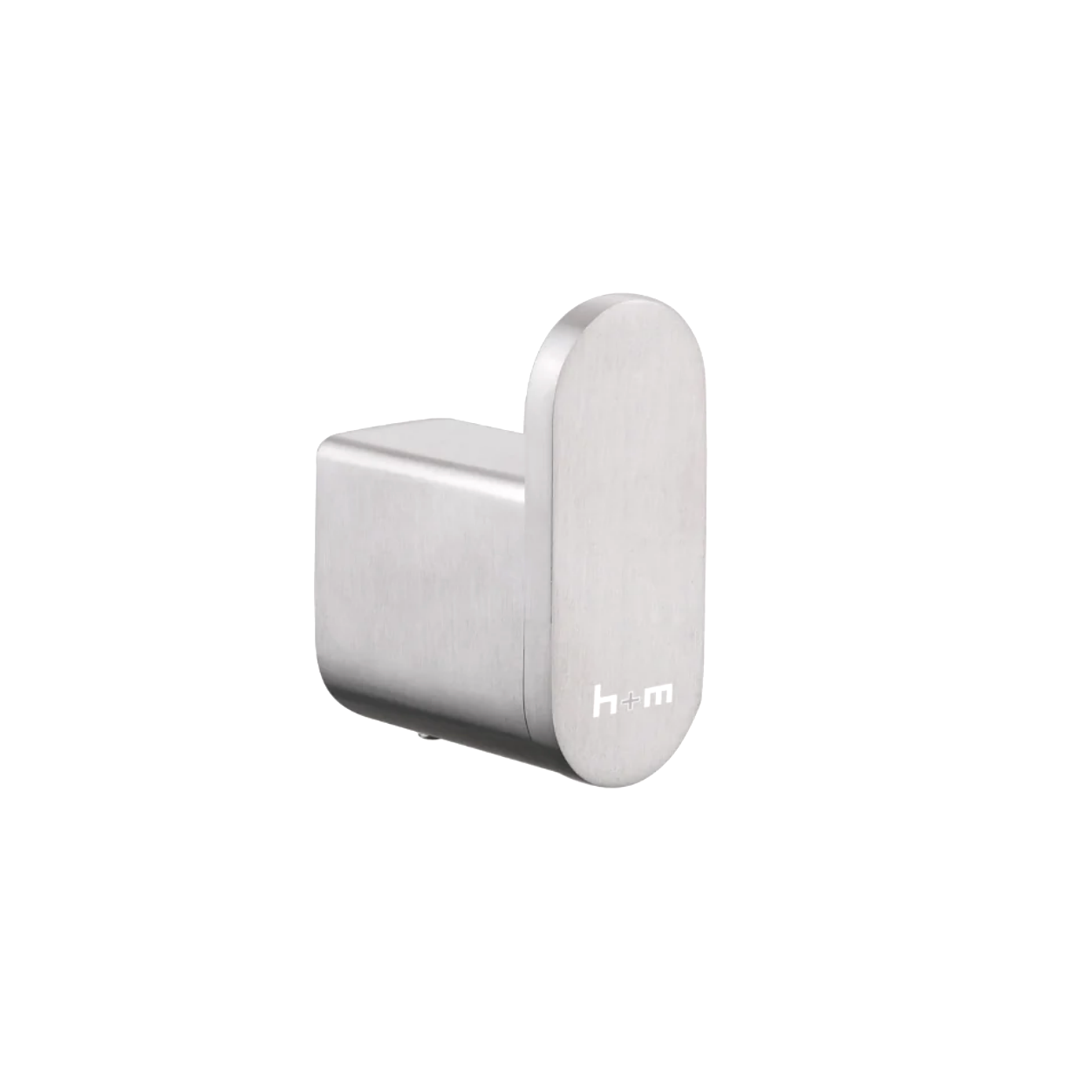 Modern metallic home thermostat with 'h+m' logo.