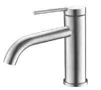 Modern stainless steel kitchen faucet with a curved spout.