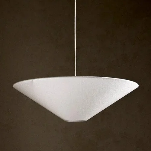 A white, bowl-shaped pendant light hanging from the ceiling.
