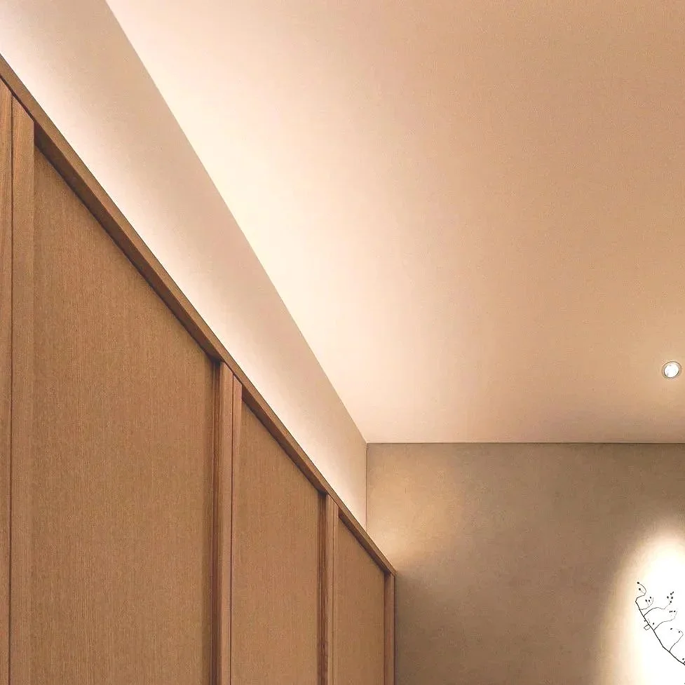 Close-up of a beige wooden wall with sliding panel doors in an interior space, ceiling with warm lighting, and a small branch with leaves drawn on the wall.