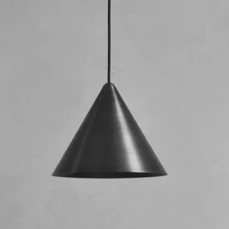 A black, cone-shaped pendant light hanging from a ceiling.