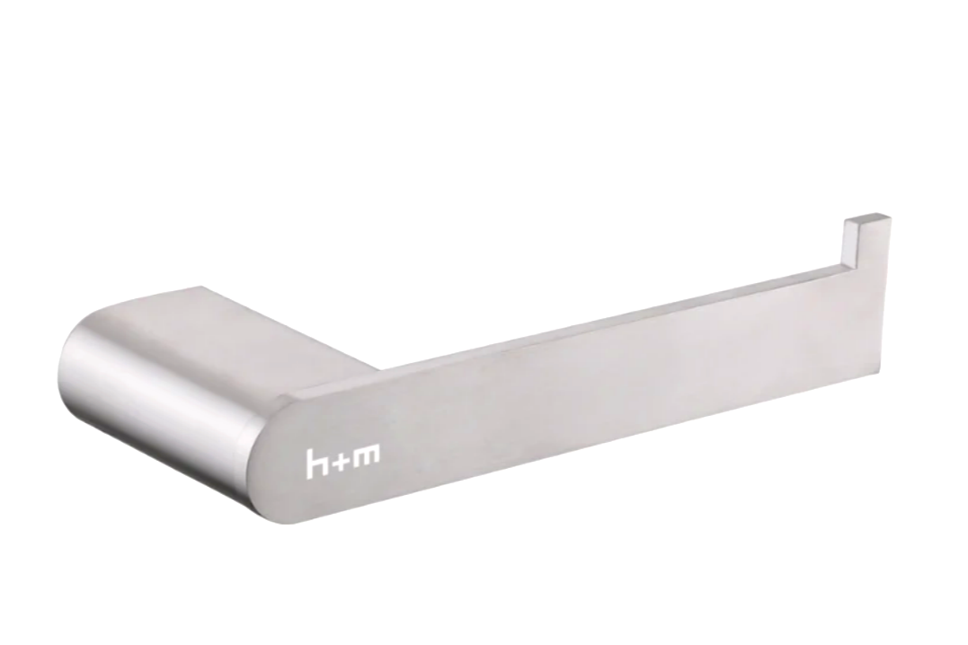 A metallic wall hook with the brand label 'h+m' on it.
