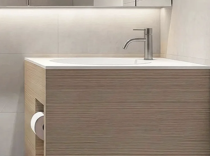 Close-up of a modern bathroom vanity with a white countertop, a silver faucet, and a light wood finish.