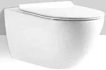 A modern white toilet with a closed lid