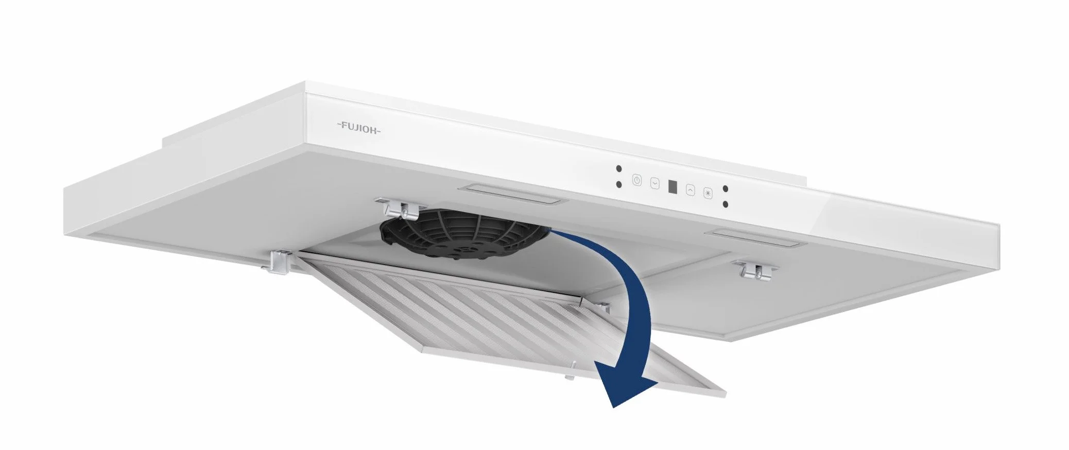 A white kitchen range hood with control buttons and a fan, showing a blue arrow indicating the removal of a filter or part underneath.