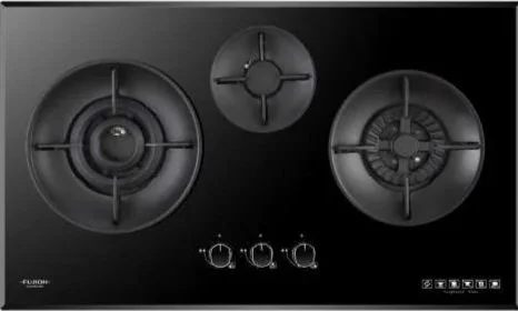 Black gas stove with three burners and control knobs.