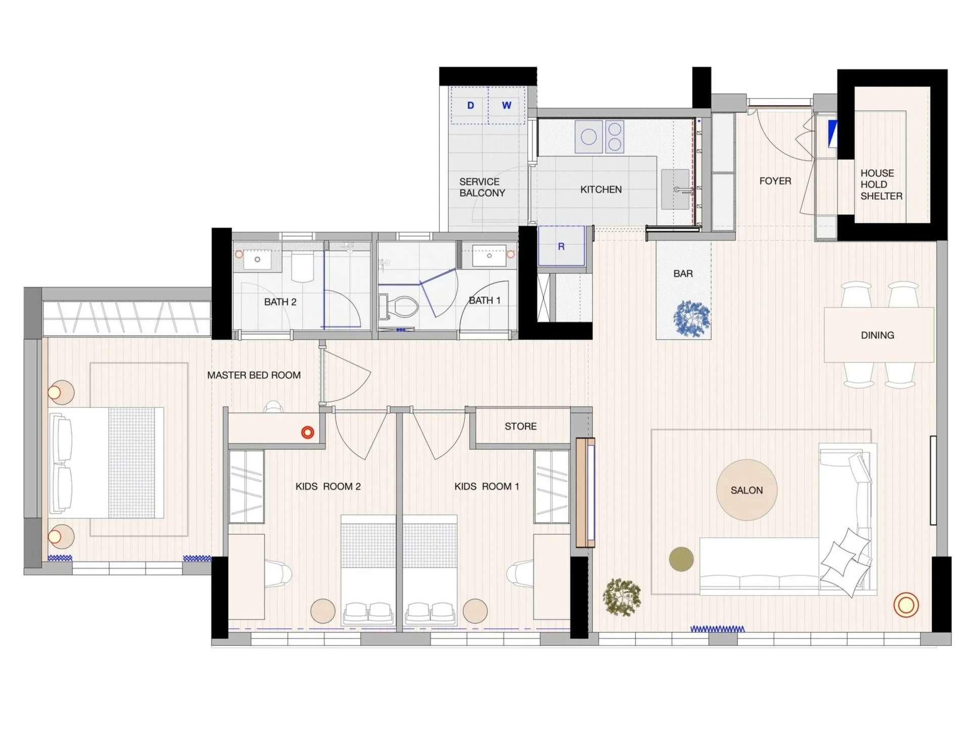 Detailed floor plan of a house with labeled rooms including master bedroom, kids' rooms, bathrooms, kitchen, dining area, salon, foyer, house hold shelter, bar, and service balcony.