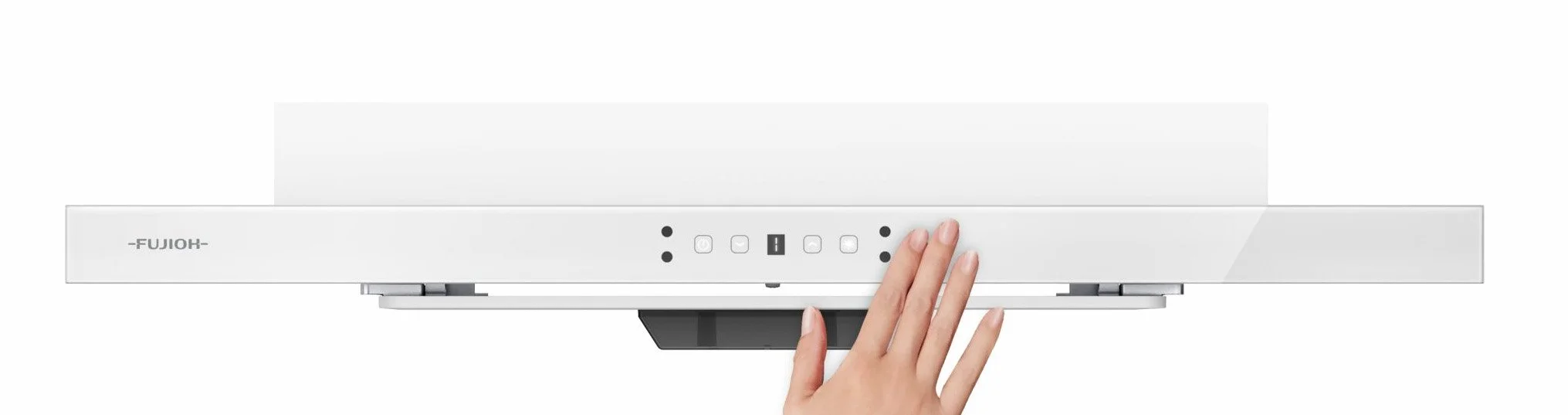 A person's hand reaching to press a button on a white Fujioh range hood.