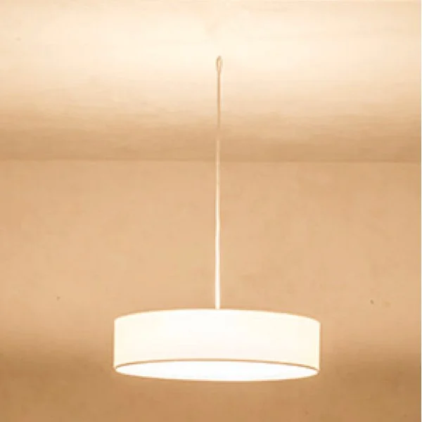 A modern ceiling light fixture with a white drum shade, attached via a thin cord to the ceiling.
