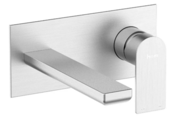 Modern brushed nickel door handle and lock on a door